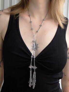 Gothic long silver star necklace with tassels